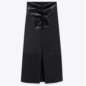 NWT ZARA Faux Leather Midi Skirt Ruching Detail XL